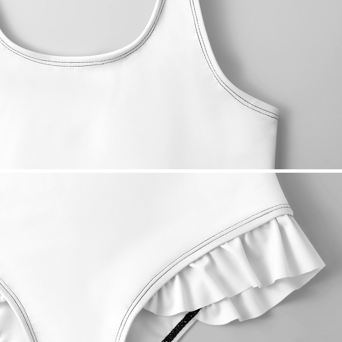 Girls' White Geometric Patterned Ruffle Hem Swimwear
