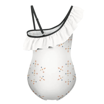Girls' White Geometric Patterned One-Shoulder Ruffle Suit