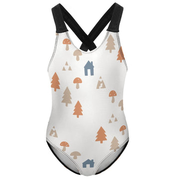 Girls' White Forest Pattern Crossback Swimsuit