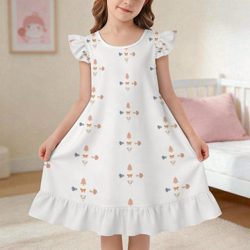Girls' White Patterned Short Sleeve Sleepwear Dress