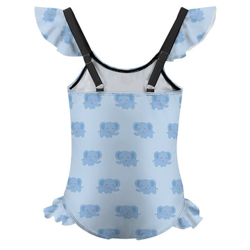 Girls' Light Blue Elephant Flutter Sleeve Swimsuit