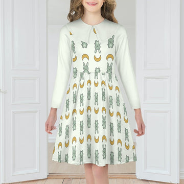 Cute Bunny & Moon Collar Long Sleeve Girls Dress | AOP