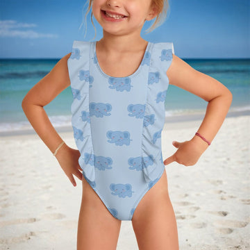 Girls' Blue Elephant Print Frill Strap One-Piece