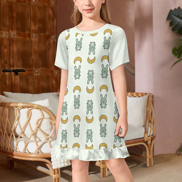 Cute Bunny & Moon Girls Ruffle Hem Dress | Short Sleeve