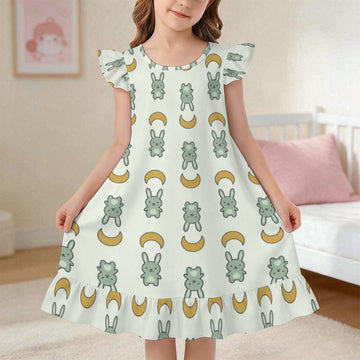 Girls Cute Bunny & Moon Print Ruffle Nightgown
