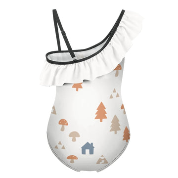 Girls' Woodland Print One-Shoulder Ruffle Swimsuit