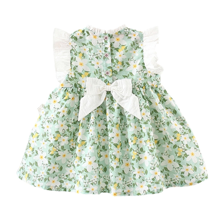 Girls Mint Green Floral Dress with Flutter Sleeves & Bow