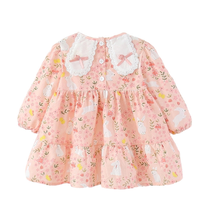 Girls Pink Bunny Print Long Sleeve Dress with Lace Collar