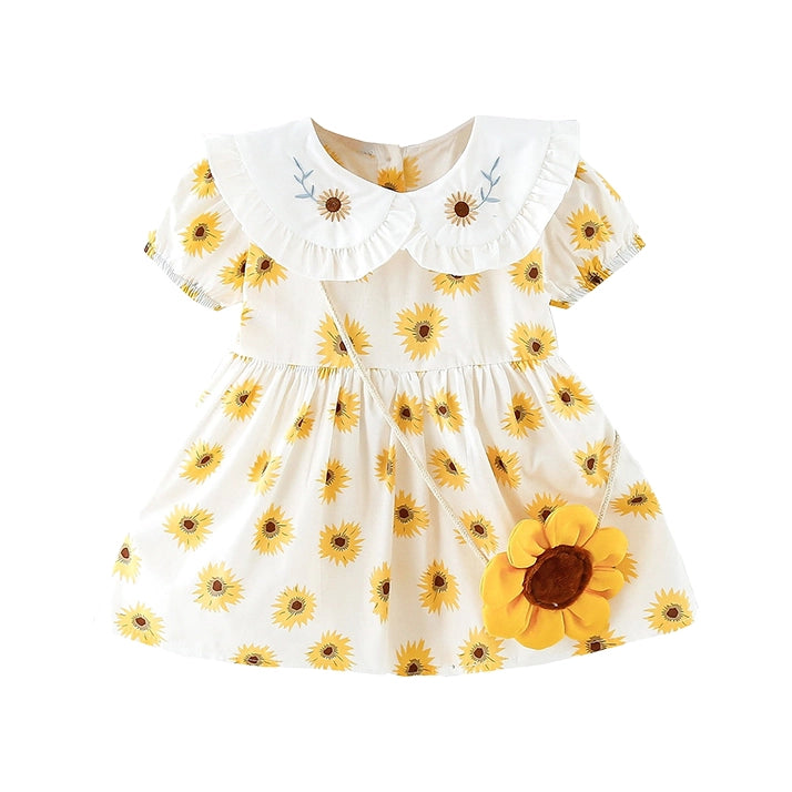 Girls Sunflower Dress & Bag Set | Ruffle Collar Summer Dress