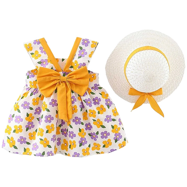 Girls Yellow & Lilac Floral Dress with Bow & Straw Sun Hat