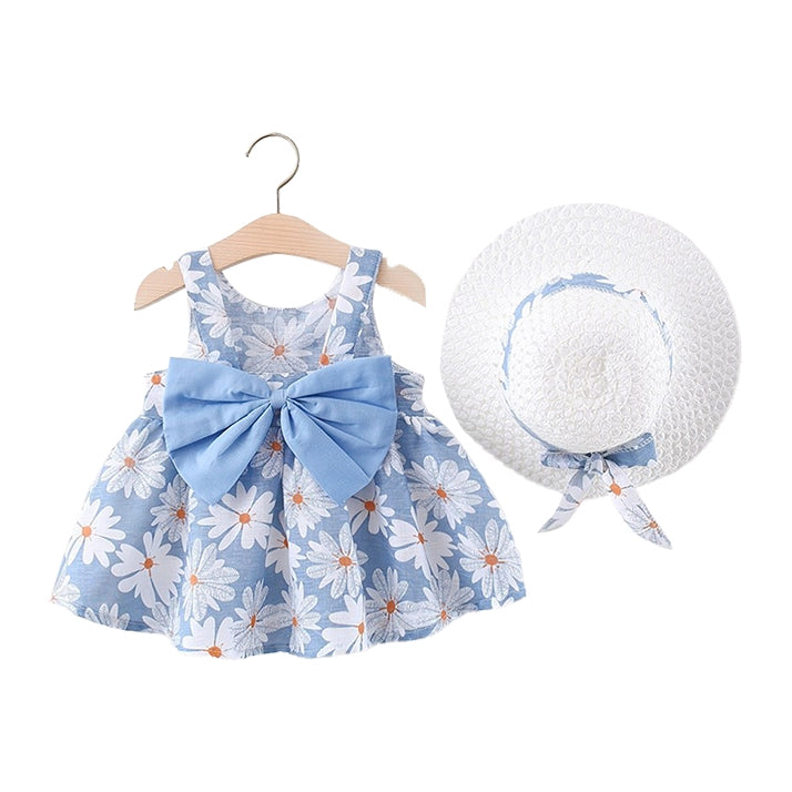 Girls Blue Daisy Print Dress with Big Bow & Straw Sun Hat