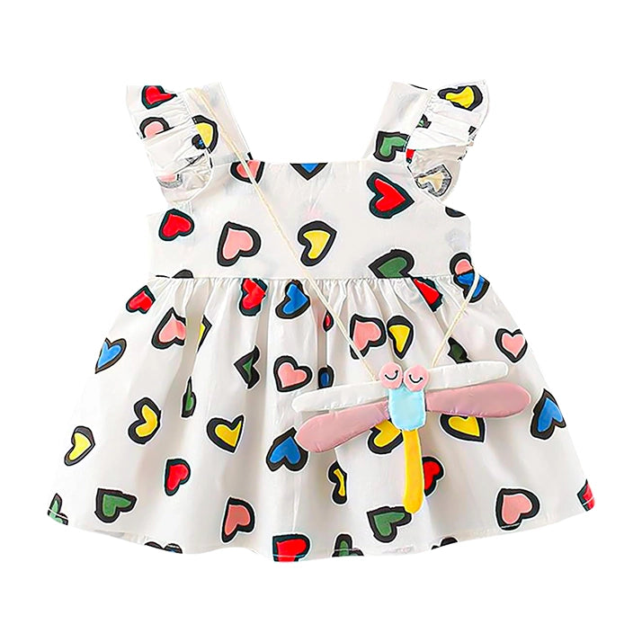Girls Colourful Heart Print Dress with Dragonfly Bag