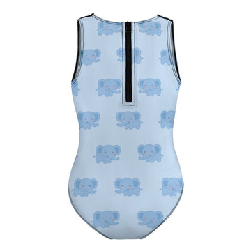 Cute Blue Elephant Zippered One-Piece Swimsuit