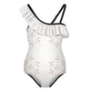 Girls' White Geometric Patterned One-Shoulder Ruffle Suit