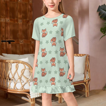 Cute Fox Print Girls Ruffle Hem Dress | Short Sleeve