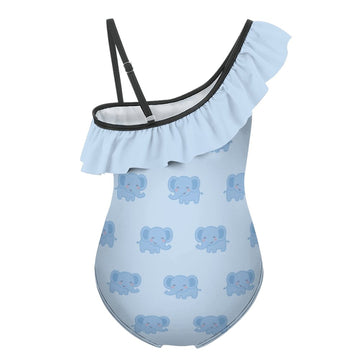 Cute Blue Elephant One-Shoulder Girls' Swimsuit