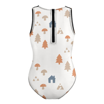 Girls' White Woodland High Neck Zip Swimsuit