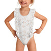 Girls' White Geometric Motif Front Ruffle Bathing Suit