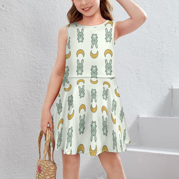 Cute Bunny & Moon Print Girls Tank Dress | Custom AOP
