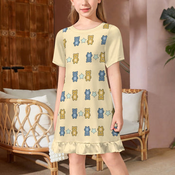 Cute Teddy Bear Girls Short Sleeve Dress | Custom AOP