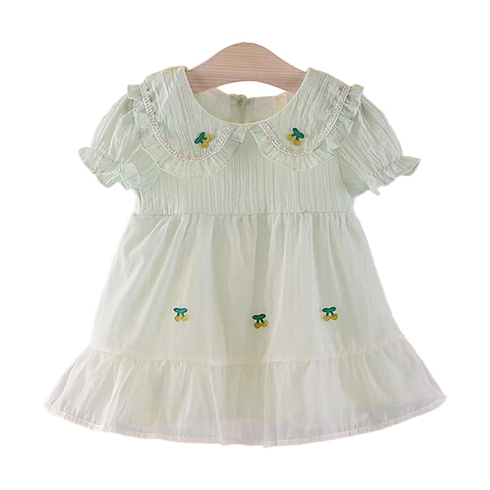 Baby Girl Mint Cherry Embroidered Dress with Frilly Collar