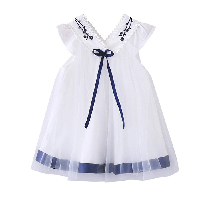 Girls White Tulle Dress with Navy Bow & Embroidered Collar