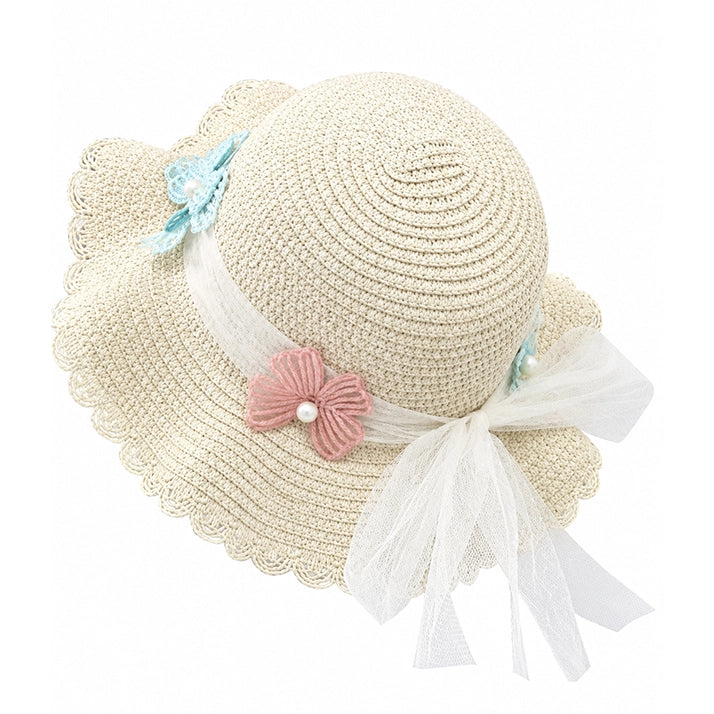 Girls Beige Straw Sun Hat with Tulle Bow & Lace Butterflies