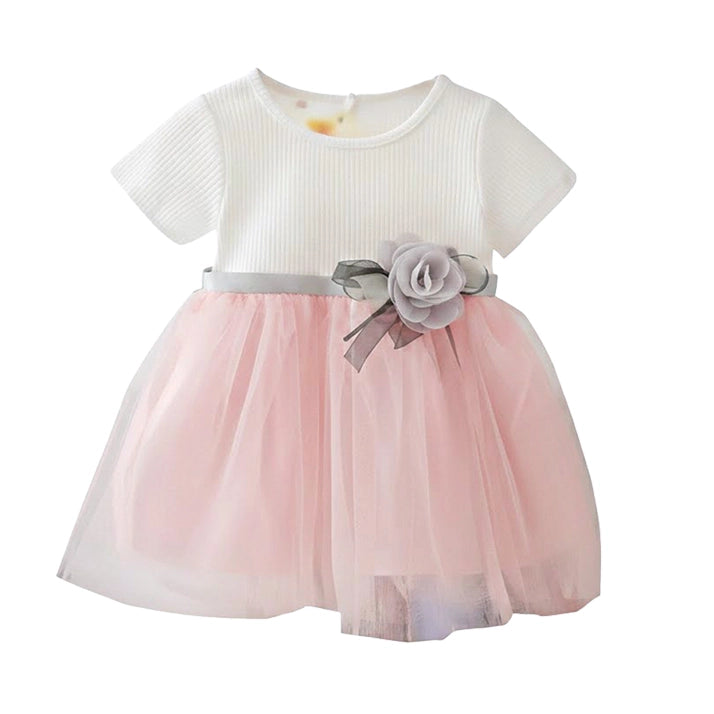 Girls Pink Tutu Dress with White Ribbed Top & Grey Rose