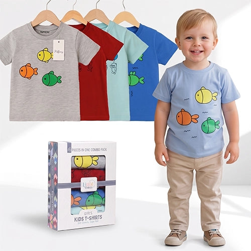 Kids Fish Print T-Shirt 4 Pack – Unisex Tee Combo Gift Box