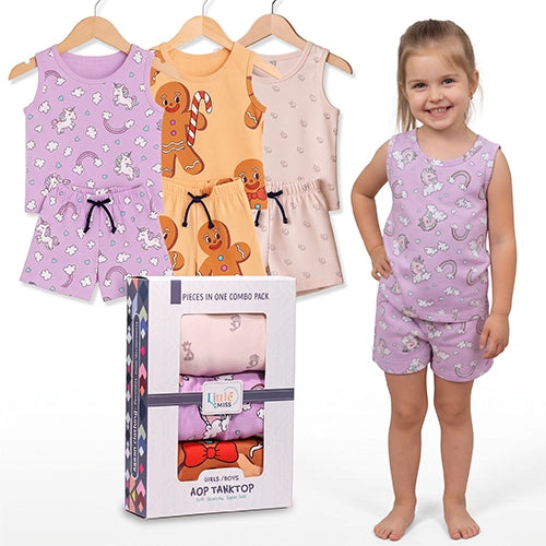 Girls Tank Top & Shorts Set 3 Pack – Unicorn & Gingerbread