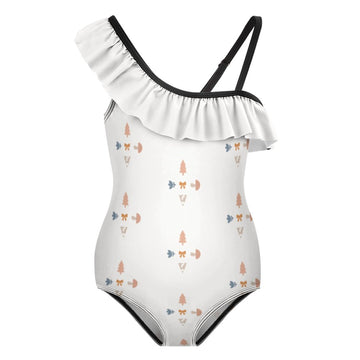 Girls' Geometric Print One-Shoulder Ruffle Swimsuit