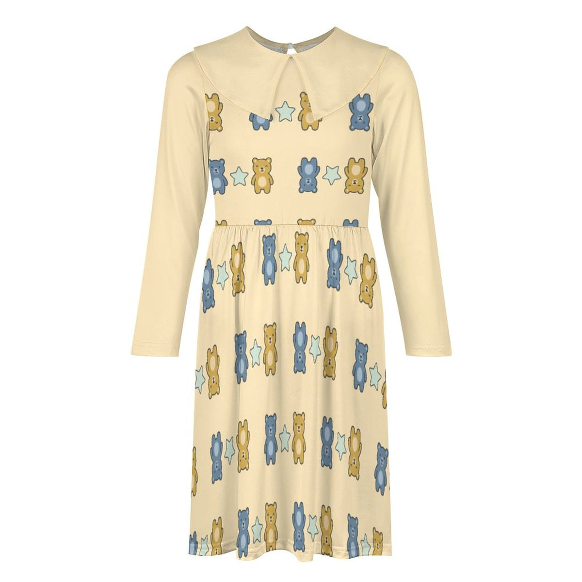 Cute Teddy Bear Girls Long Sleeve Dress | Peter Pan Collar