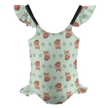 Cute Fox Print Girls One-Piece Swimsuit | Ruffle Trim