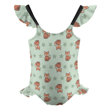 Cute Fox Print Girls One-Piece Swimsuit | Ruffle Trim