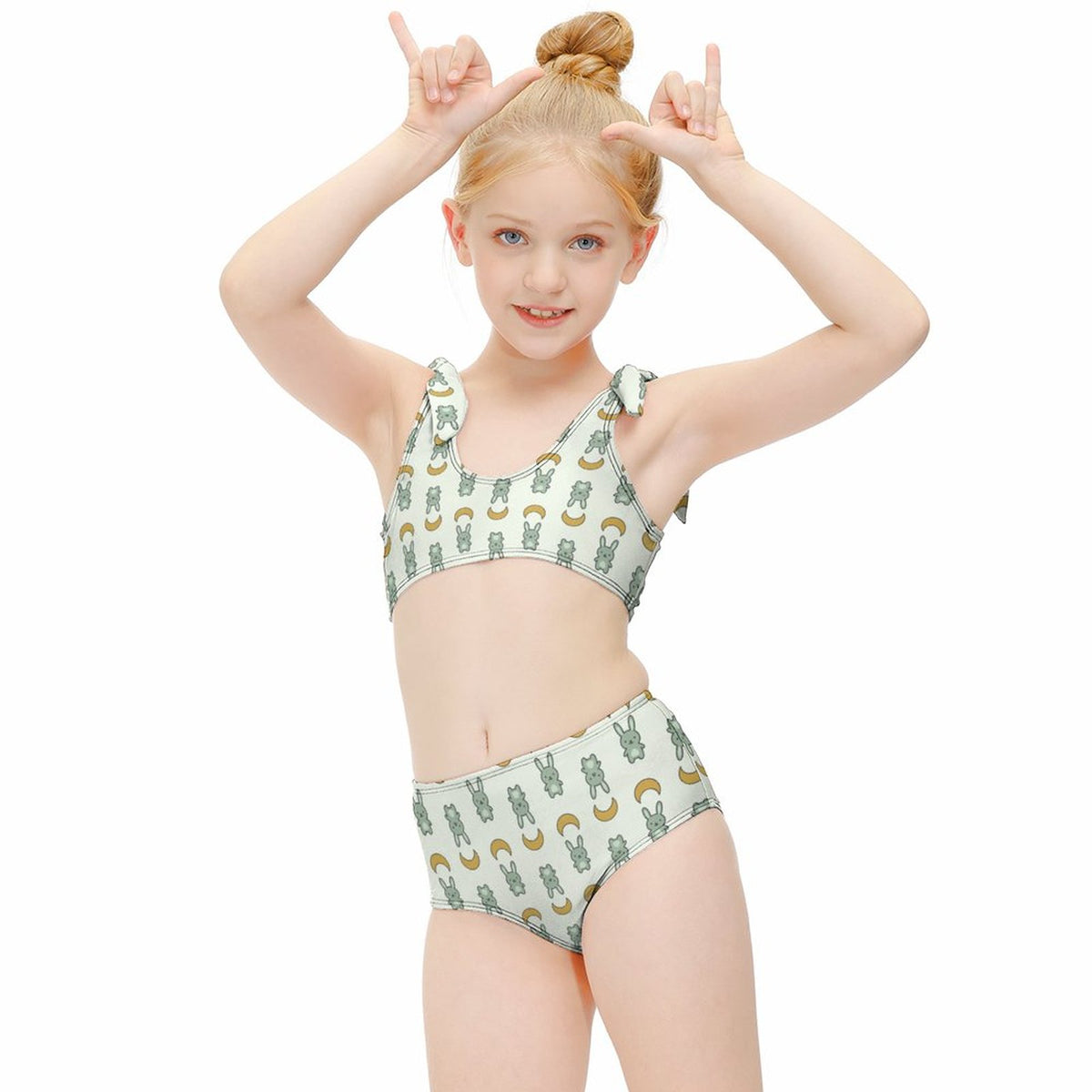 Cute Bunny & Moon Tie Shoulder Girls Bikini Set | AOP