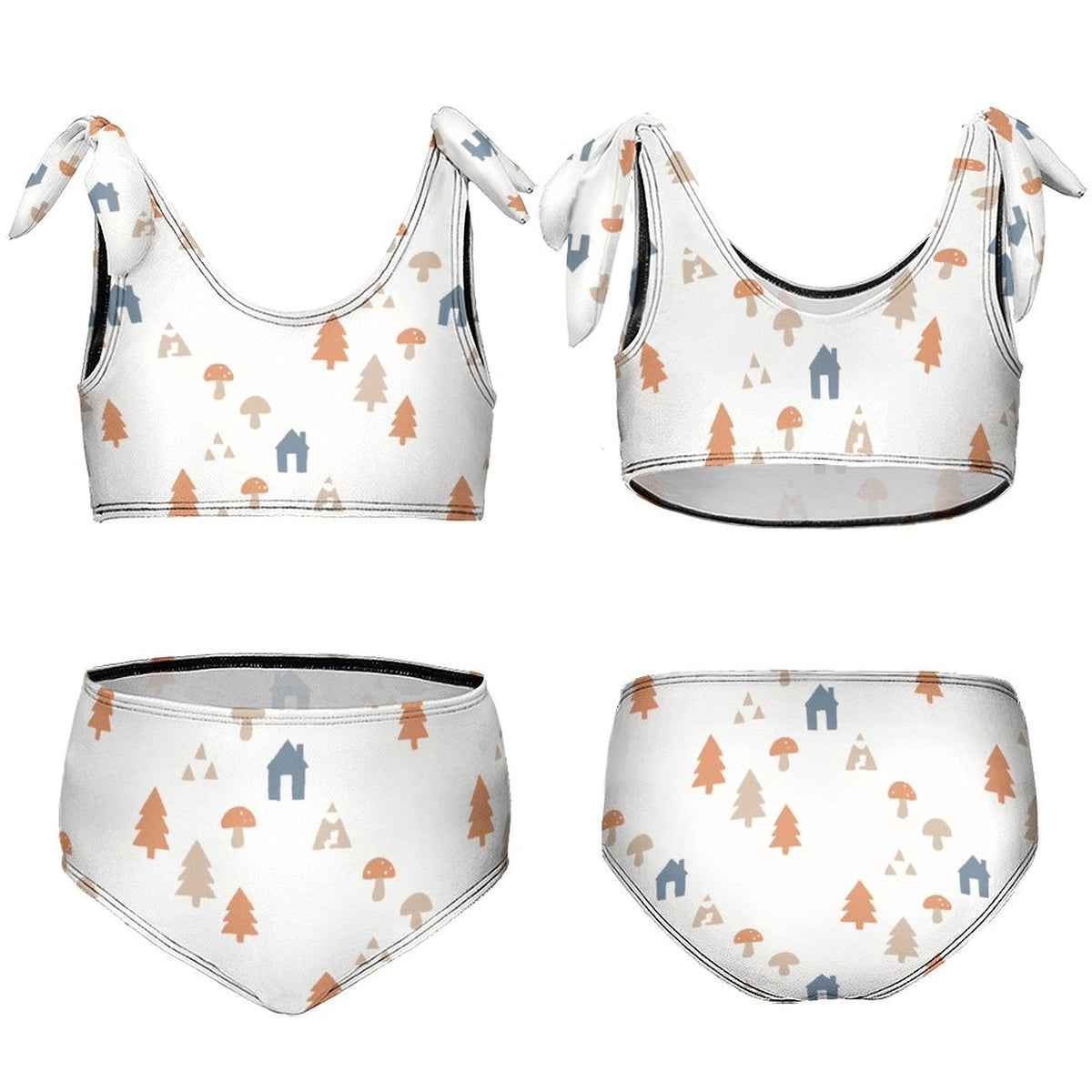 Girls' White Forest Pattern Tie Strap Bikini Set