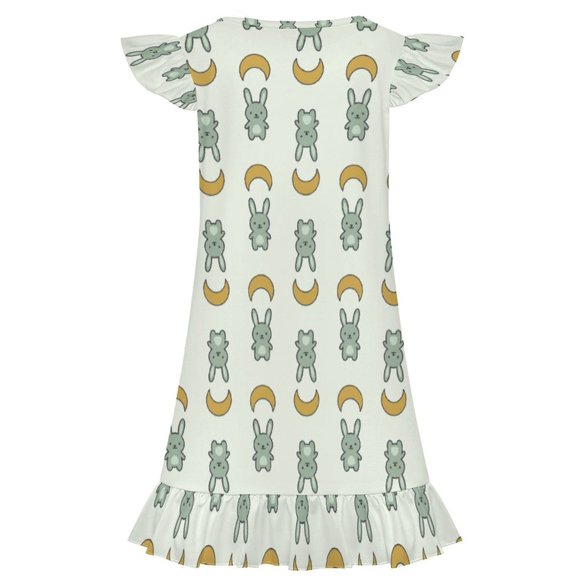 Girls Cute Bunny & Moon Print Ruffle Nightgown