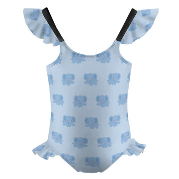 Girls' Light Blue Elephant Flutter Sleeve Swimsuit