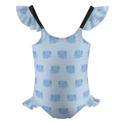 Girls' Light Blue Elephant Flutter Sleeve Swimsuit