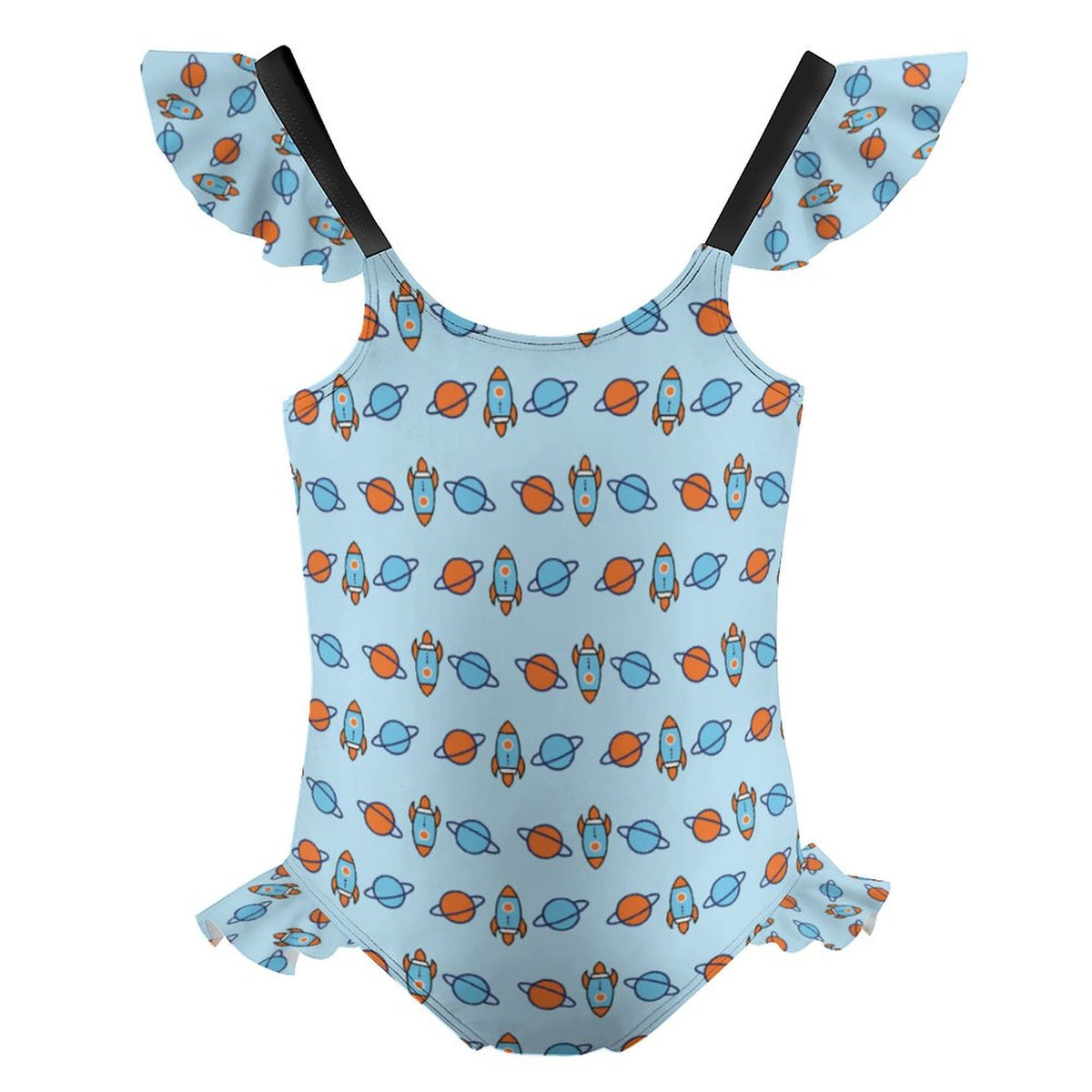 Outer Space Rocket Double Ruffle Girls Swimsuit