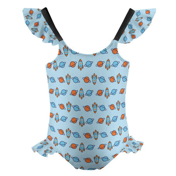 Outer Space Rocket Double Ruffle Girls Swimsuit