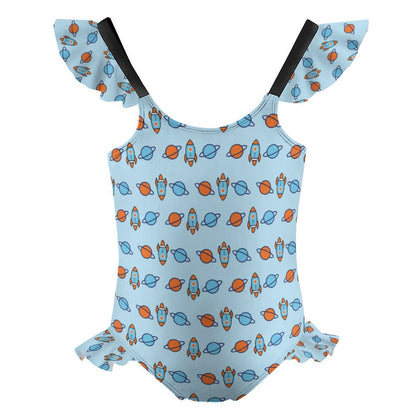Outer Space Rocket Double Ruffle Girls Swimsuit