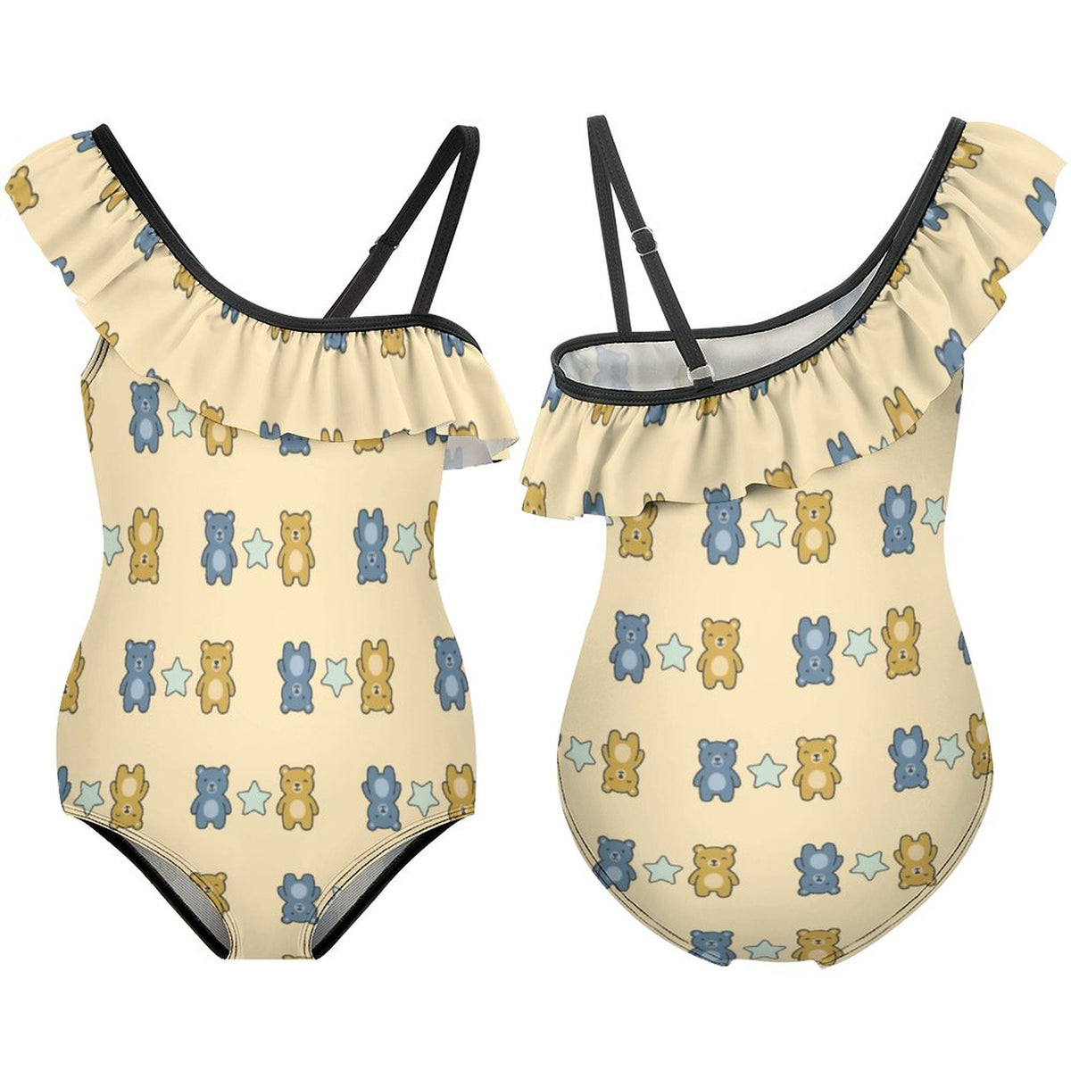Cute Teddy Bear One-Shoulder Girls Swimsuit | Ruffle