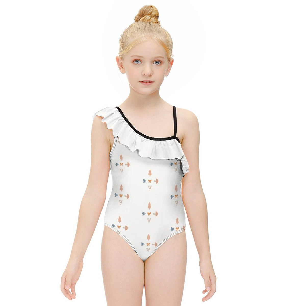 Girls' Geometric Print One-Shoulder Ruffle Swimsuit