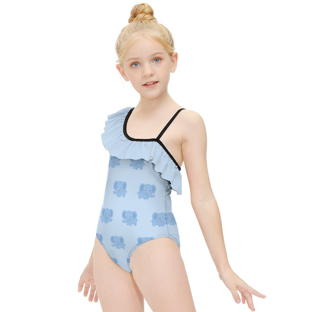 Cute Blue Elephant One-Shoulder Girls' Swimsuit