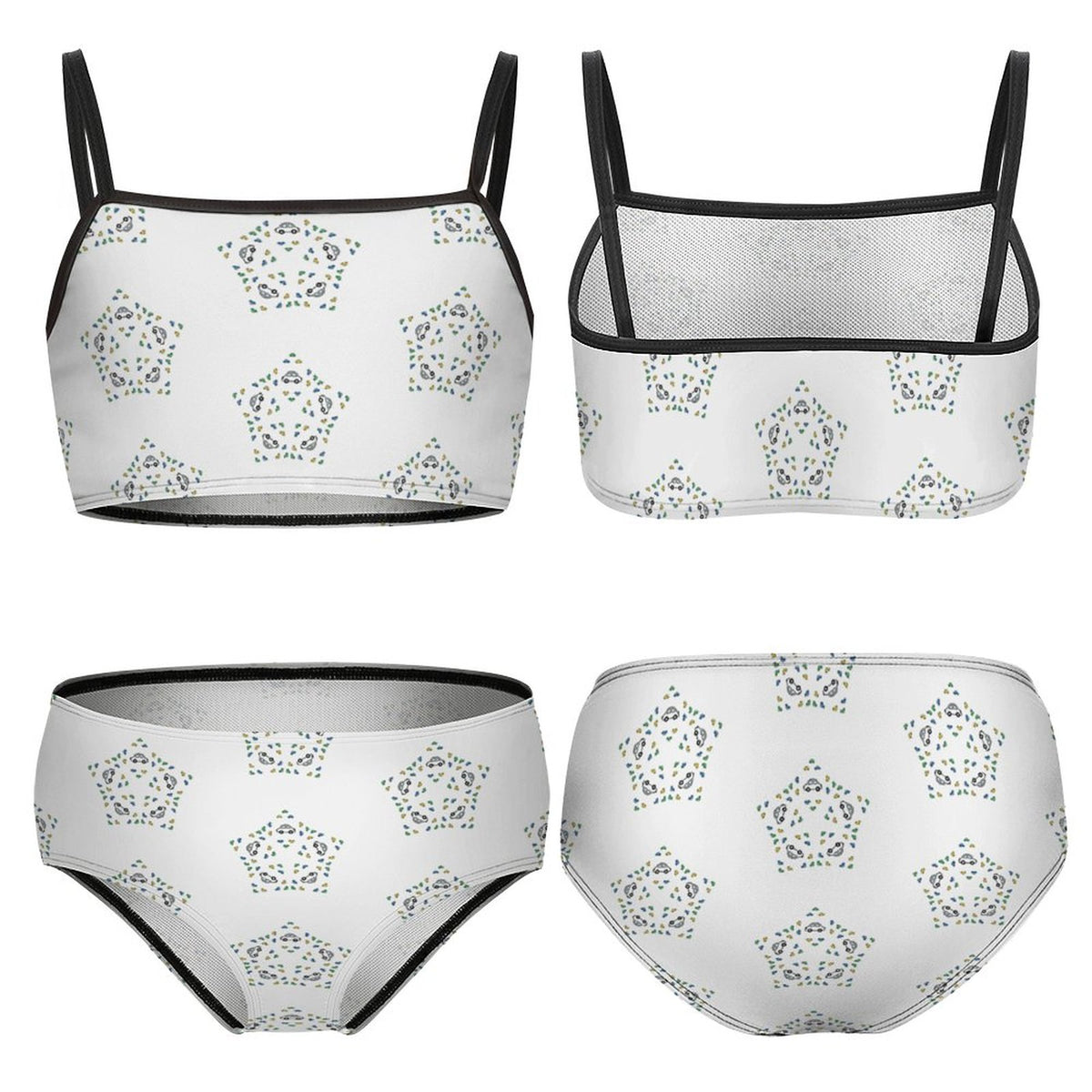 Girls' White Star Print Bikini Set with Black Trim