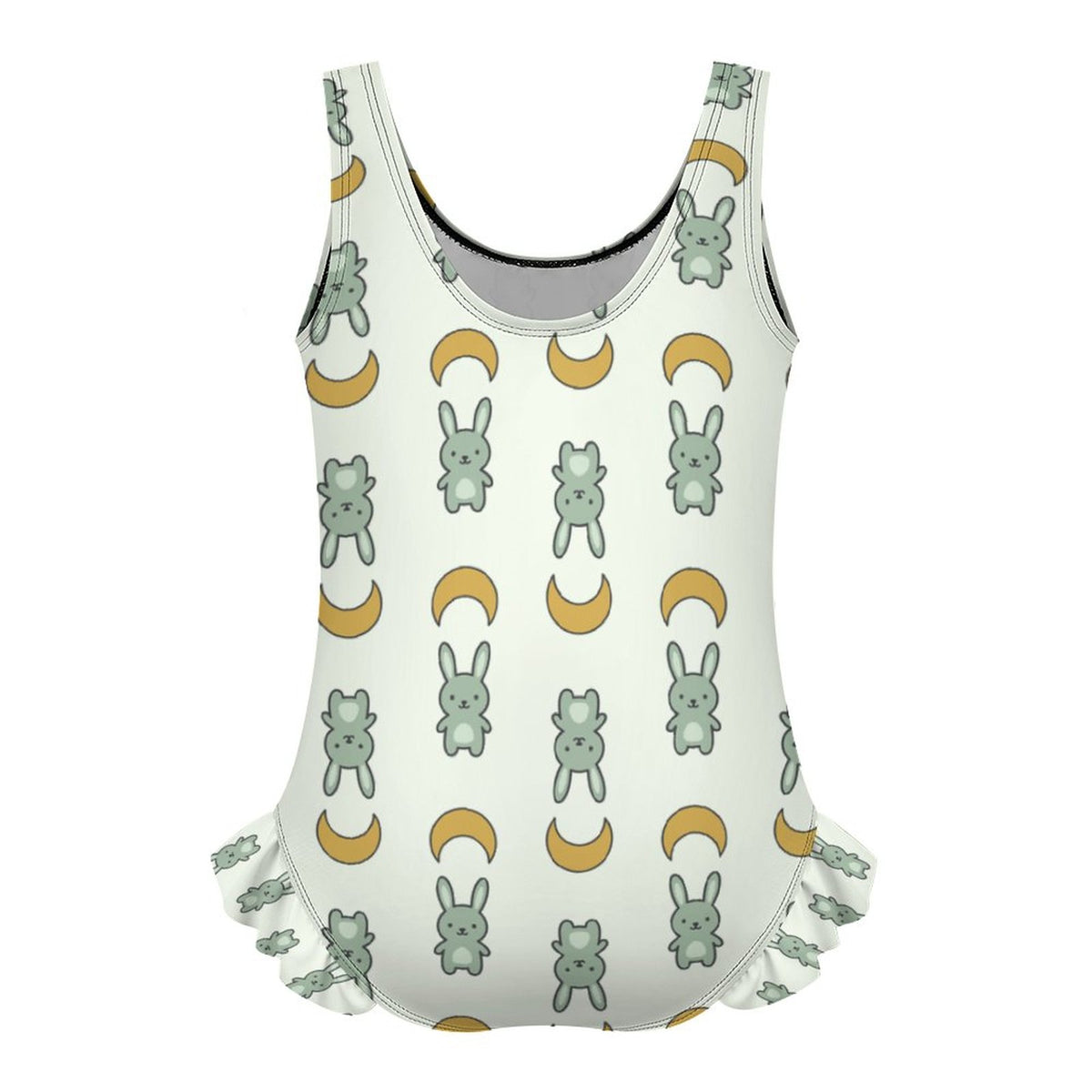 Girls Cute Bunny & Moon Print Ruffle Trim Swimsuit