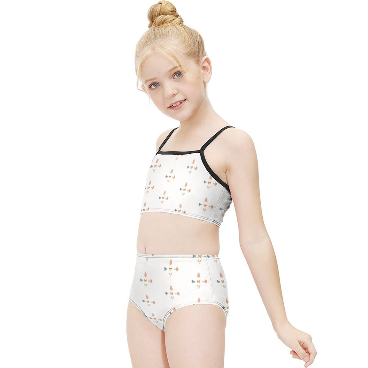 Girls' White Geometric Patterned Two-Piece Swimwear