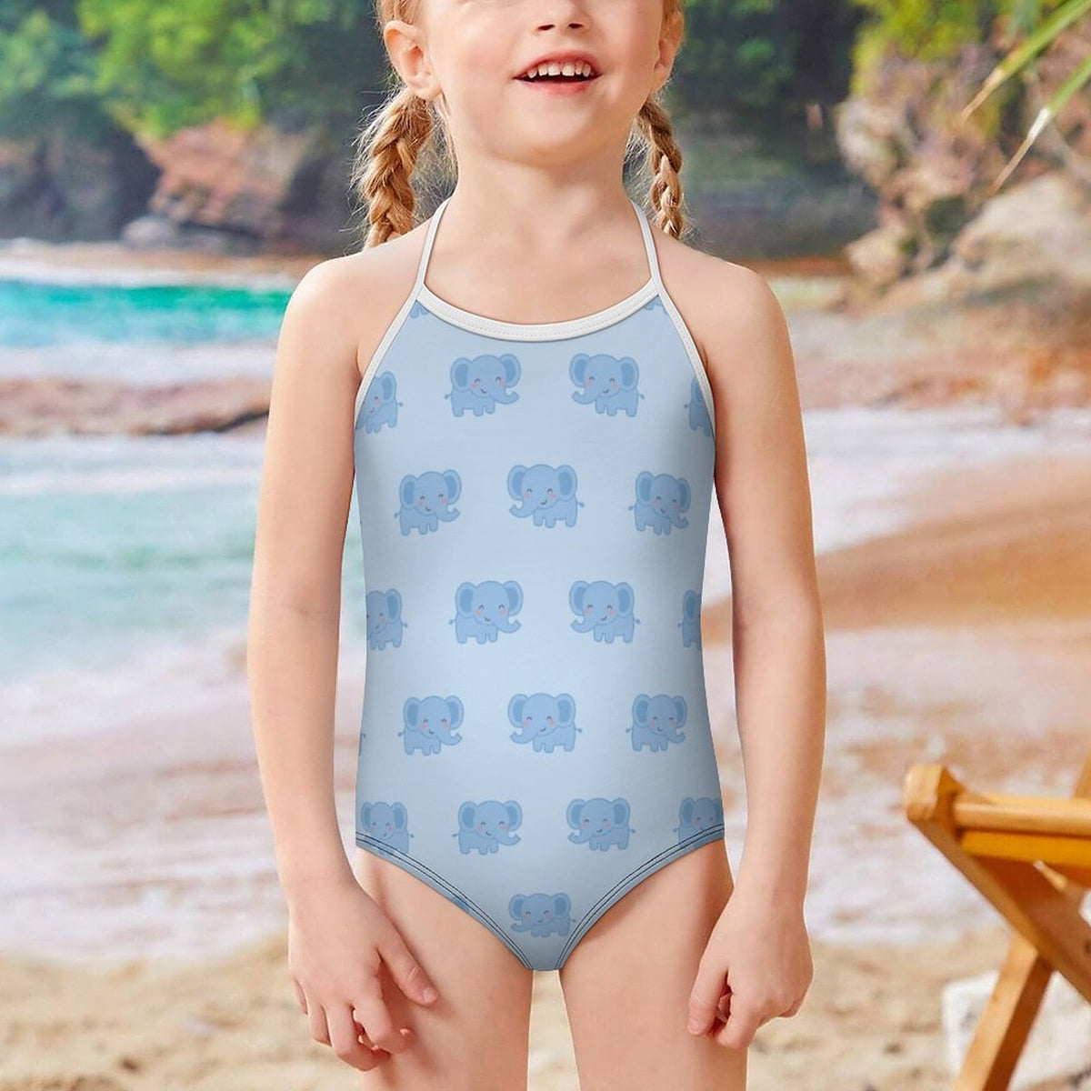 Girls' Light Blue Elephant Neck Tie Swimsuit