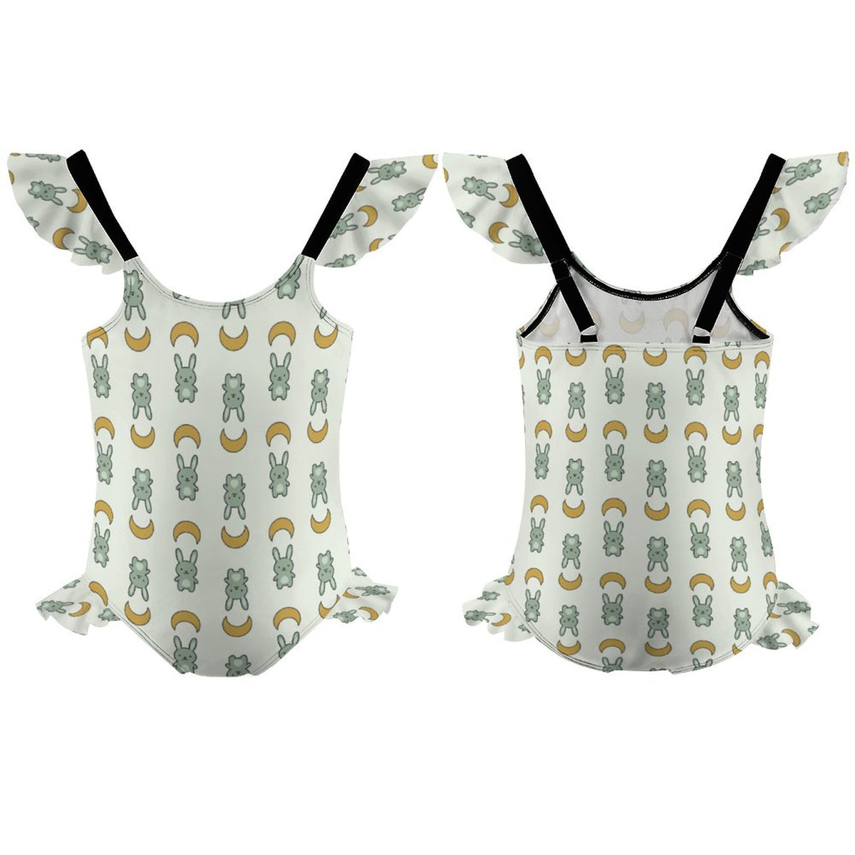 Cute Bunny & Moon Ruffle Strap Girls Swimsuit | AOP